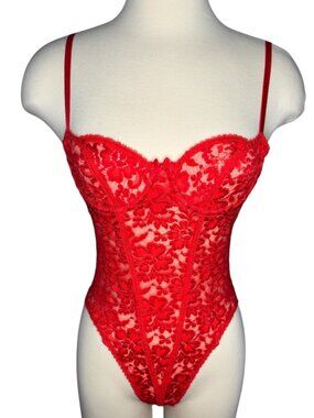 Vintage Frederick's of Hollywood Red Lace Sheer Teddy Bodysuit Lingerie Sz 32